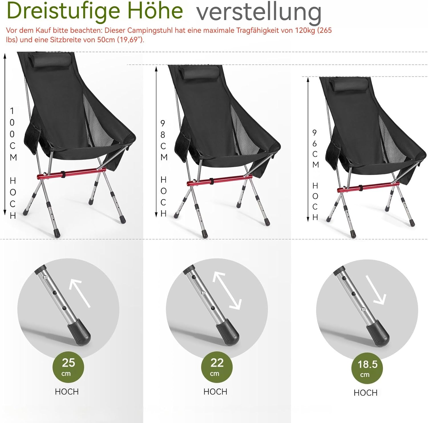 Foldable Camping Chair High Back Adjustable Black