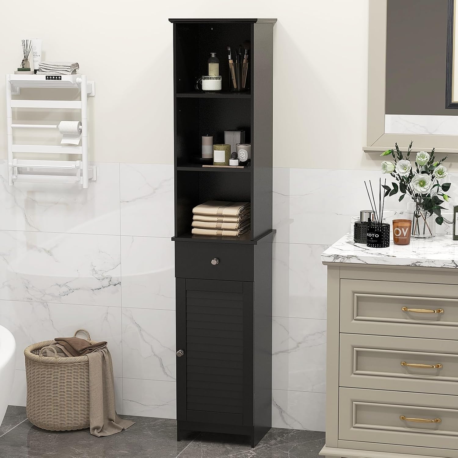 Slim Bathroom Tall Cabinet Drawer Door Shelf Unit Black
