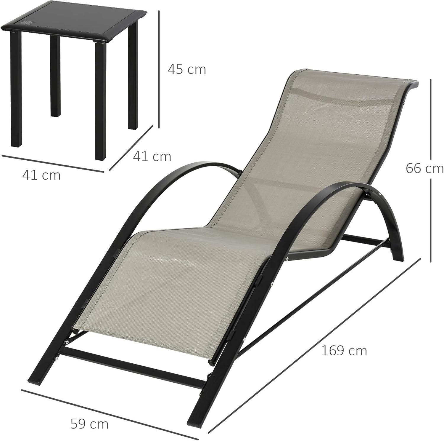 3 Piece Patio Recliner Chair Set with Glass Table Grey