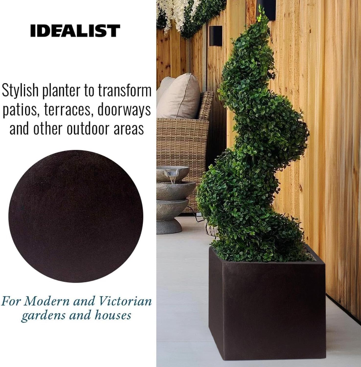Set of 2 40cm Square Planters Black Stone Effect Garden Pots