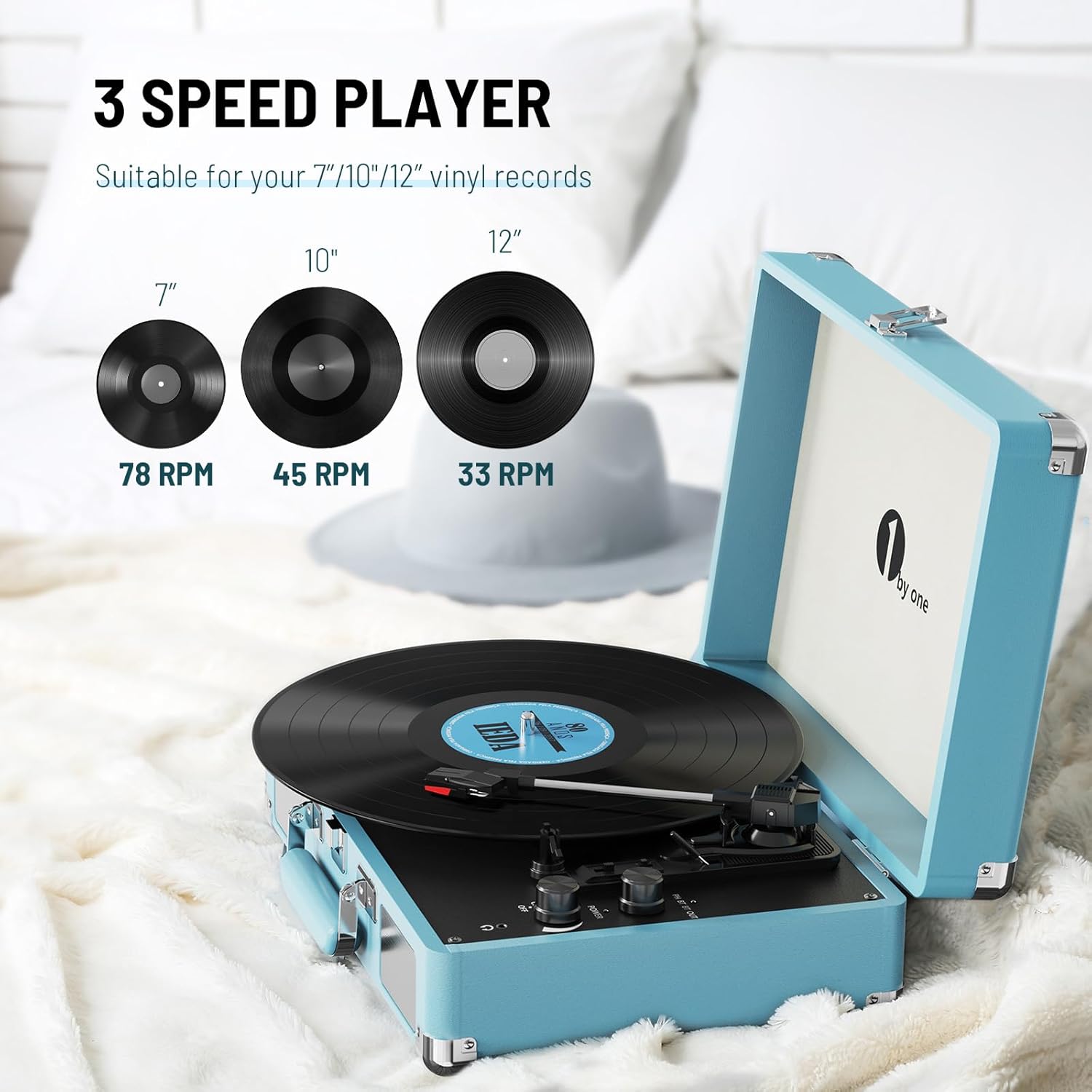 Portable 3-Speed Bluetooth Turntable Vinyl Record Player with Speakers