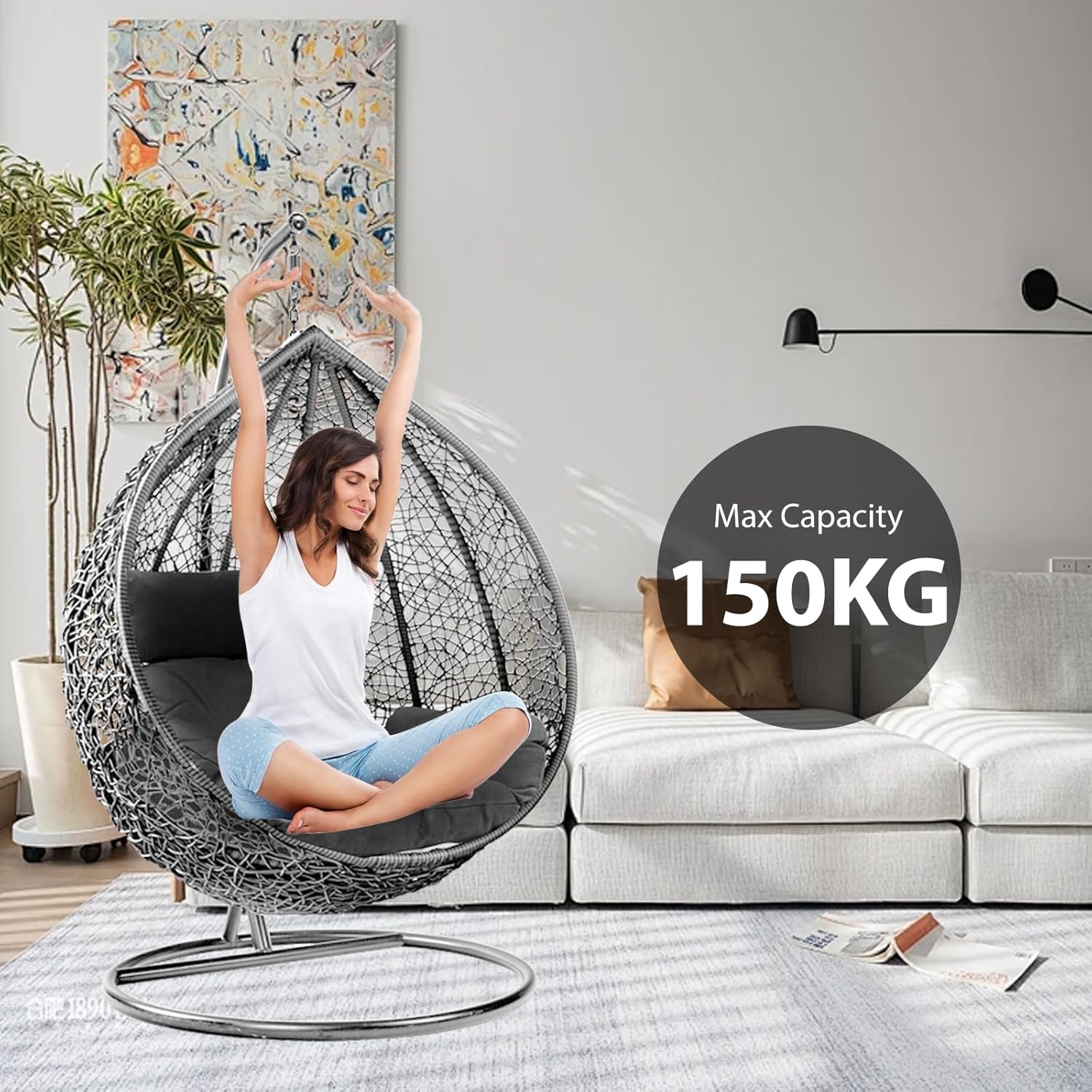 Rattan Hanging Egg Chair with Stand Black Brown