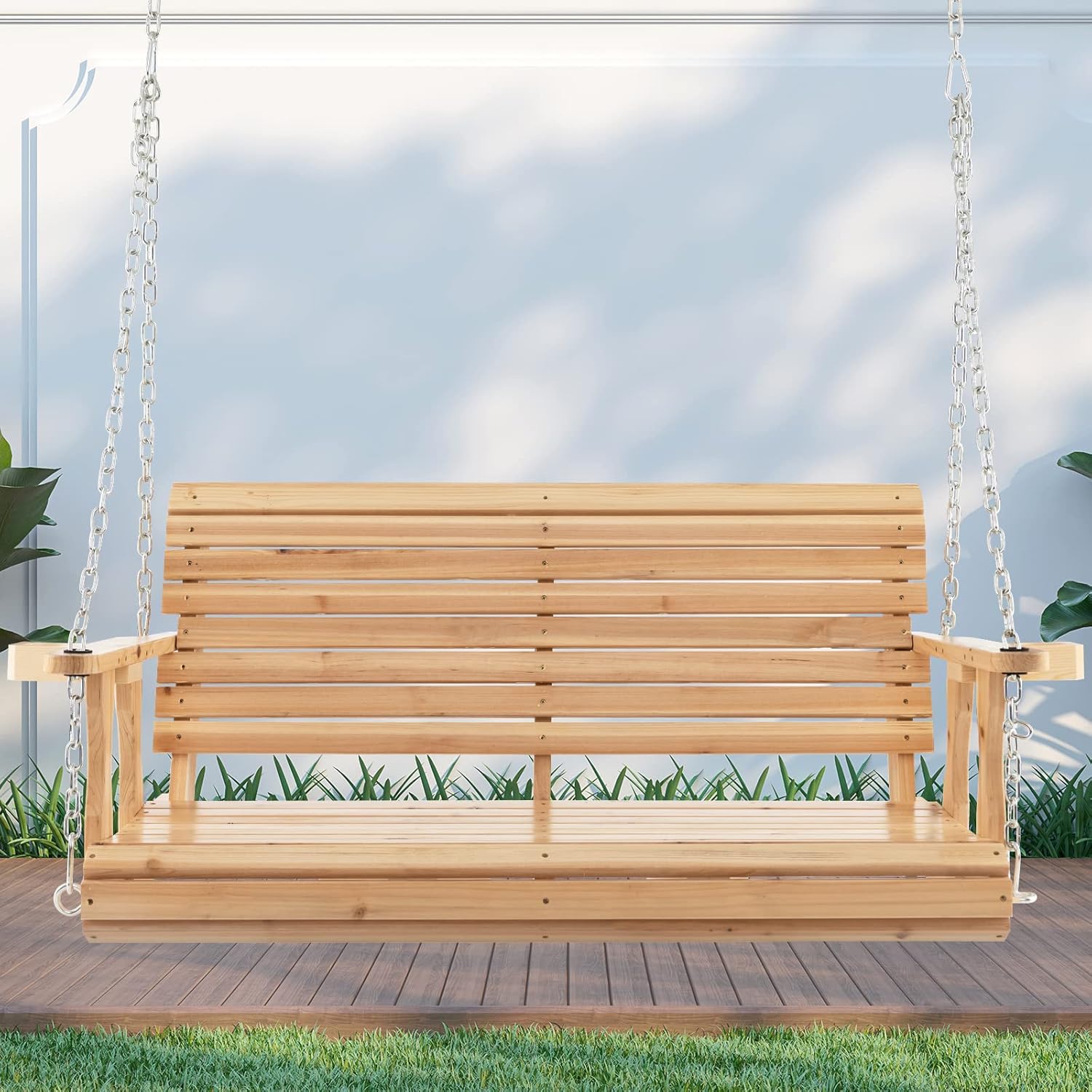 2 Seater Wooden Porch Swing Chair Fir Bench Cup Holders 240kg