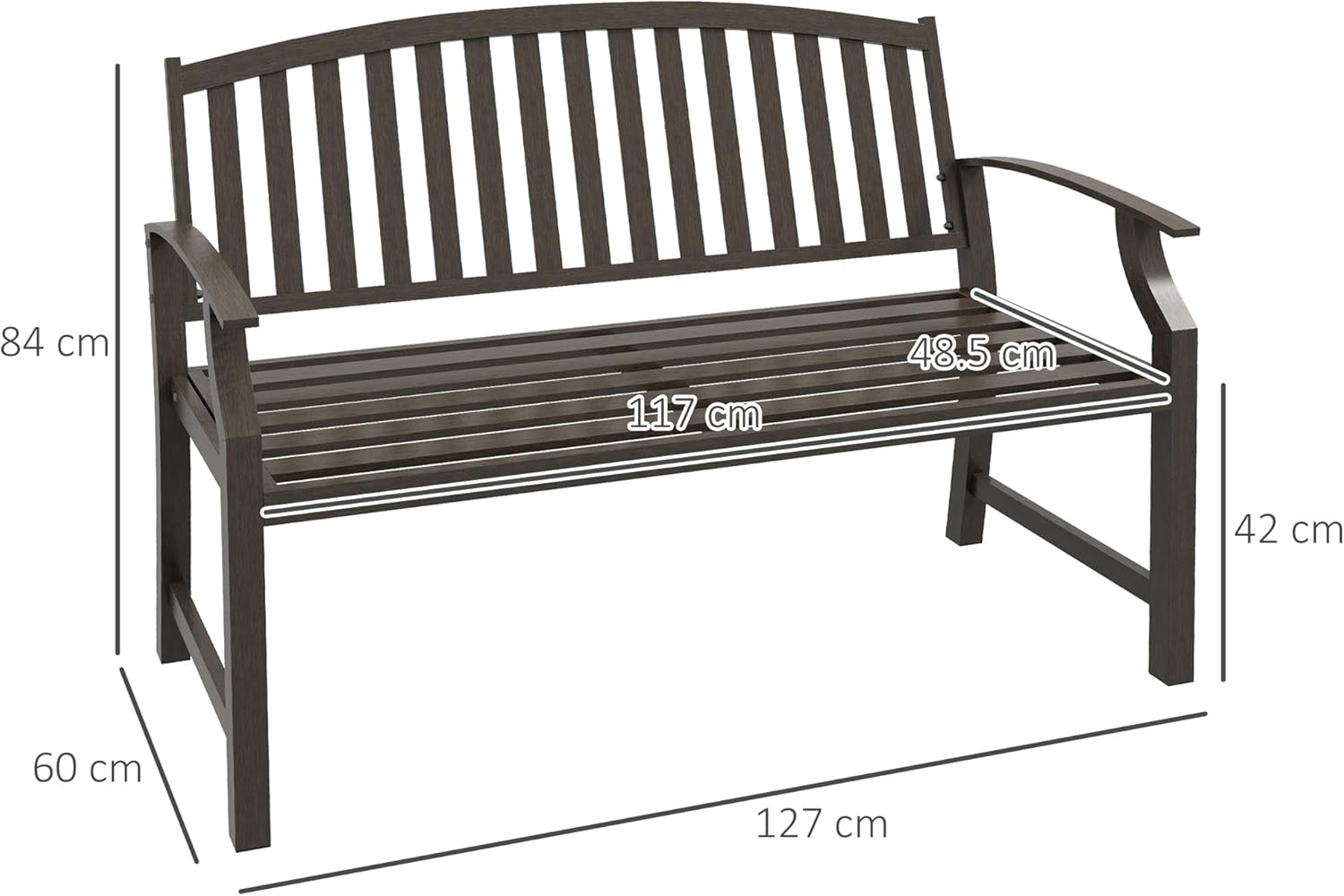 2 Seater Metal Garden Bench Outdoor Patio Seat w/Armrests
