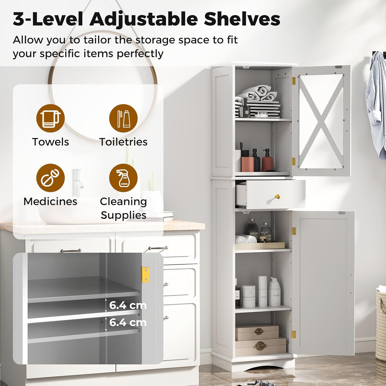 Slim Bathroom Tall Cabinet Drawer 2 Door Shelf Unit White