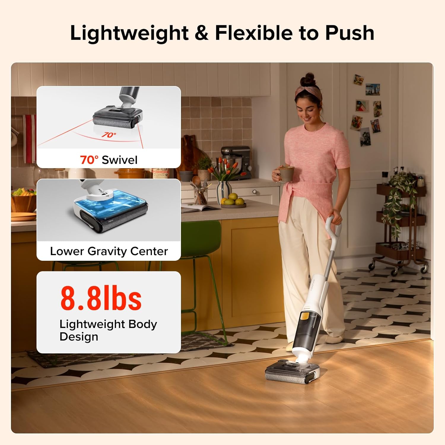 Cordless Wet Dry Vacuum 20000Pa Floor Washer Self Clean Light