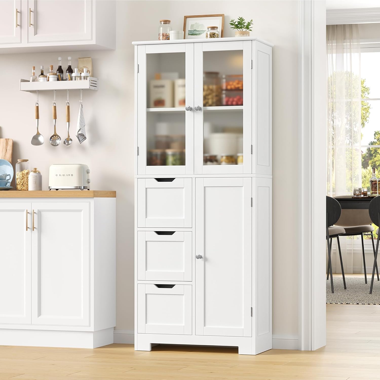 Tall Storage Cabinet White 3 Door 3 Drawer Shelf Unit