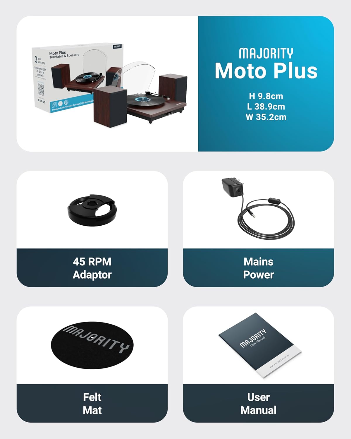 Bluetooth Vinyl Record Player Turntable with External Speakers USB Recording