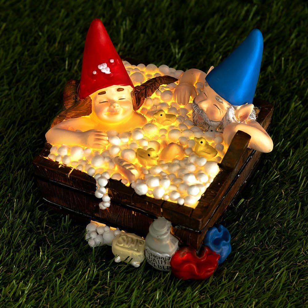 Solar Gnome Hot Tub Statue Funny Garden Decor LED Resin