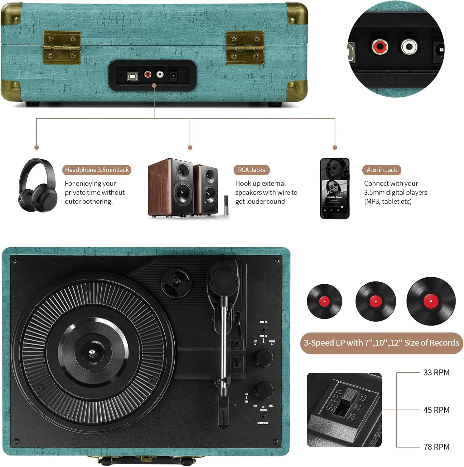 3-Speed Bluetooth Vinyl Record Player Portable Suitcase Turntable Military Green