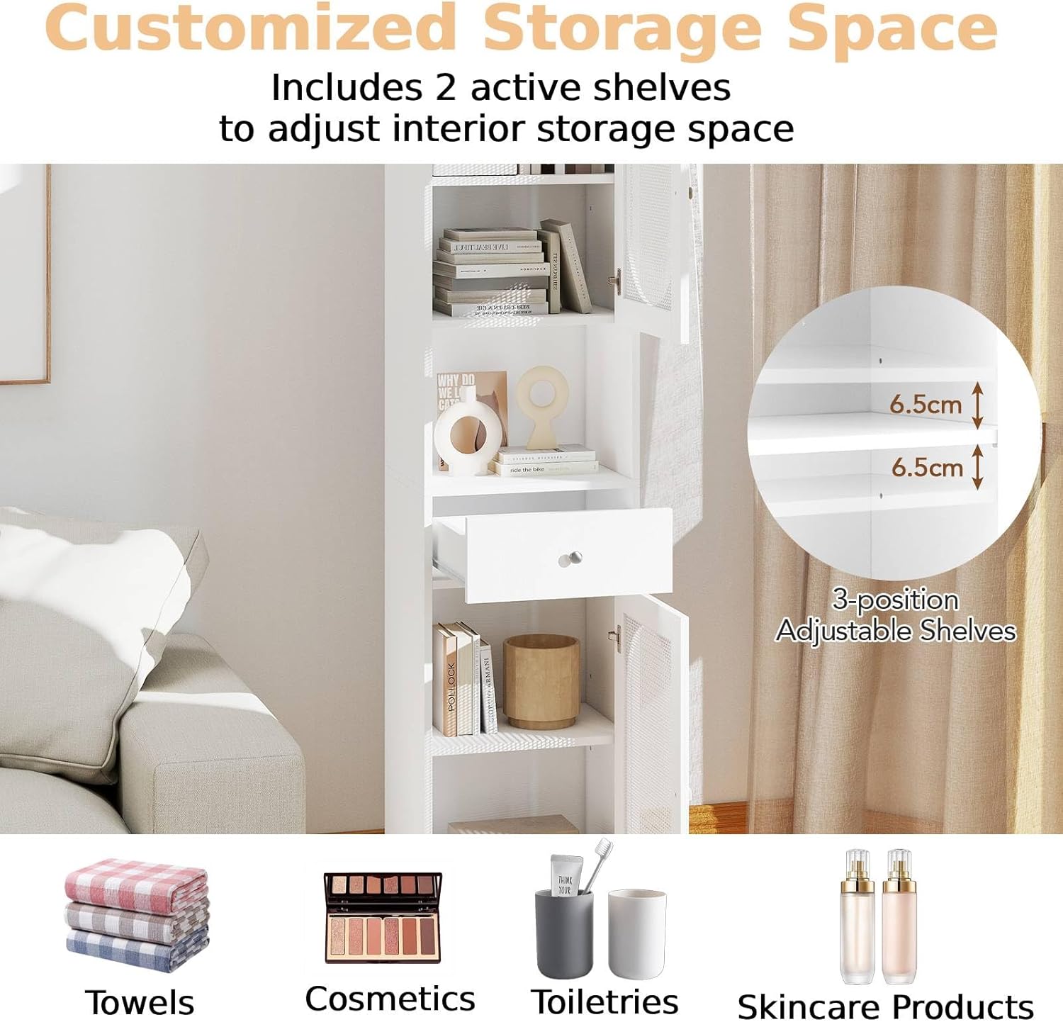 Tall Slim Storage Cabinet White Rattan Door Drawer Unit
