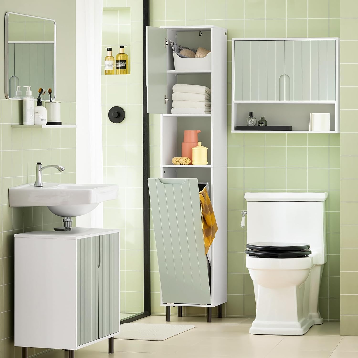 Slim Bathroom Tall Cabinet Laundry Bag Shelf Unit White Green