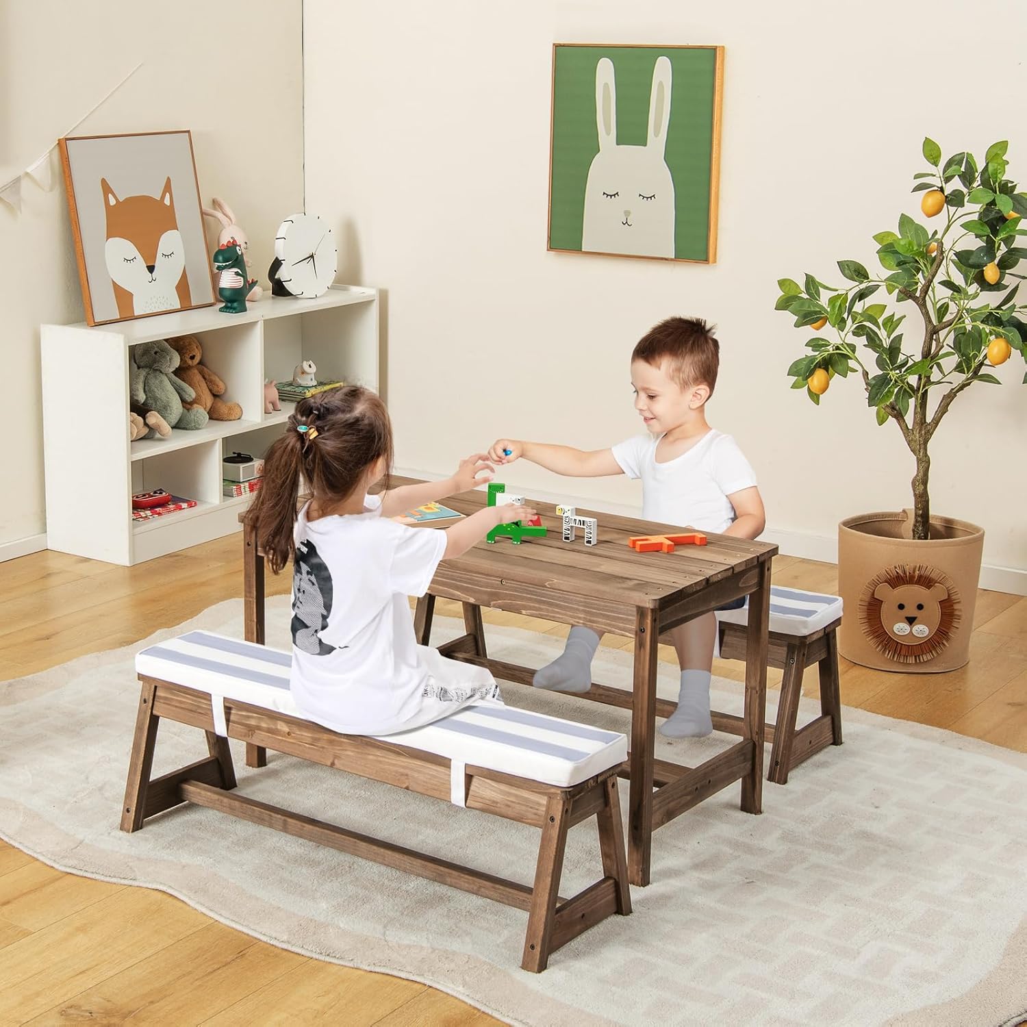 Kids Wooden Picnic Table Bench Set w/Umbrella Cushions