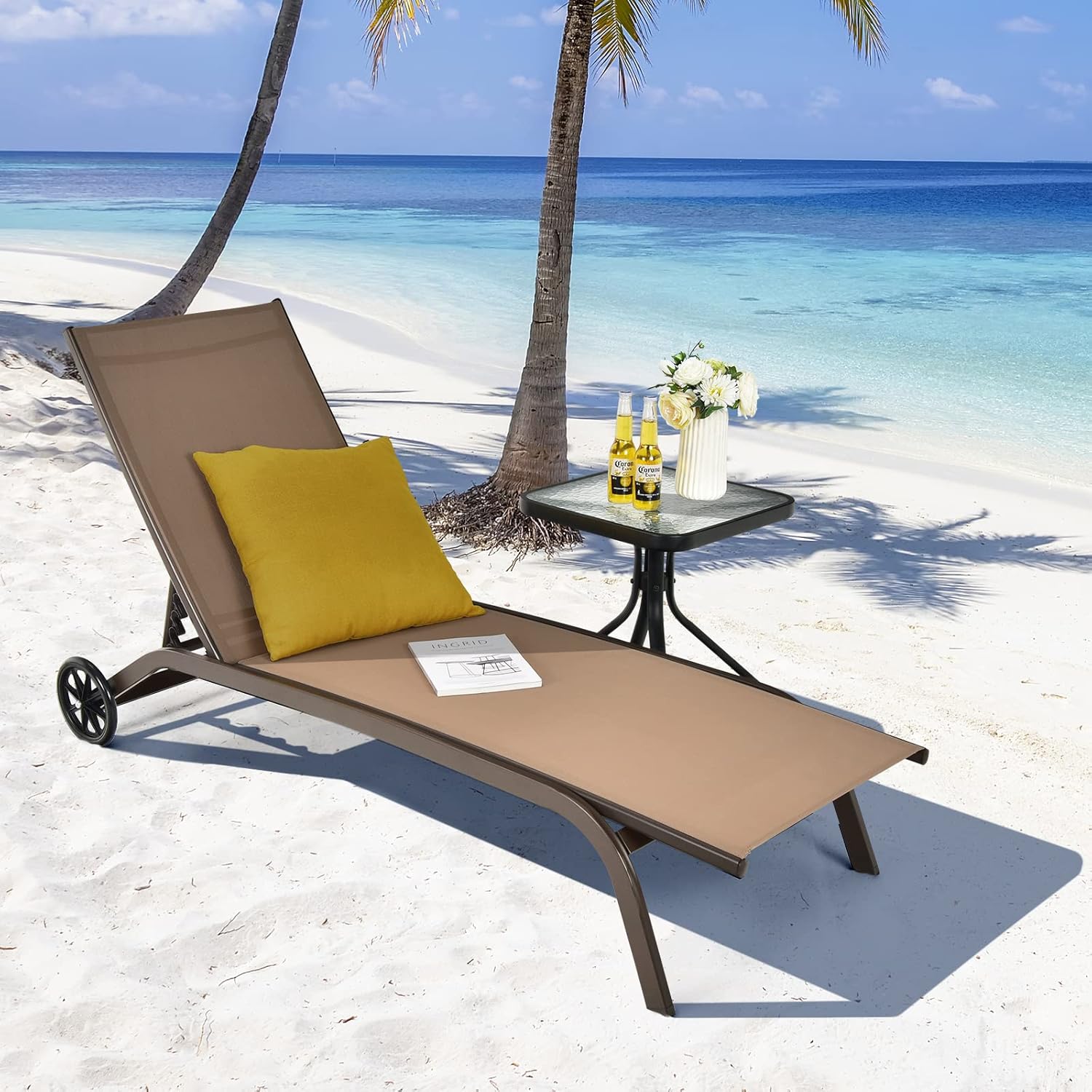 Portable Outdoor Chaise Lounge Chair with Wheels 6 Position Brown