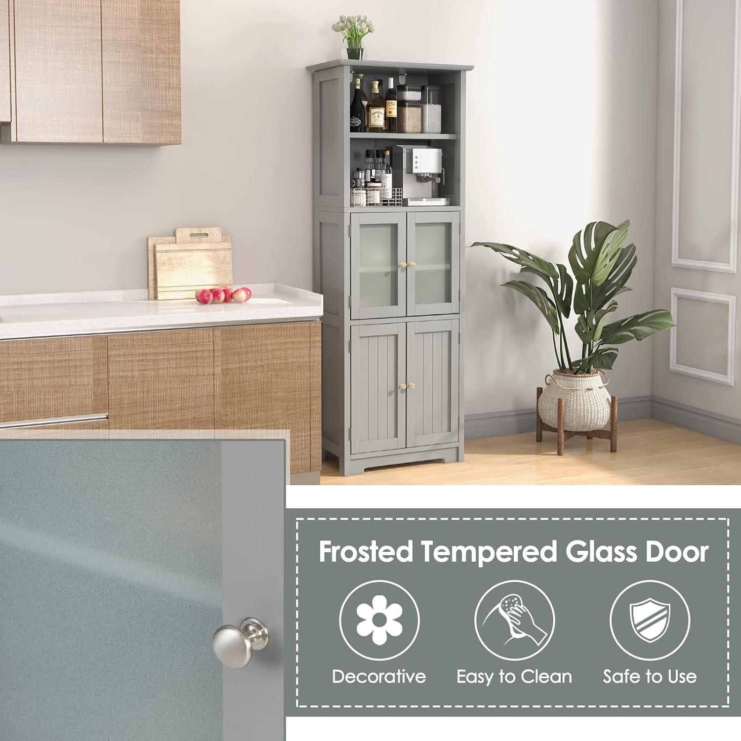 Tall Storage Cabinet Glass Door Shelf Unit Grey
