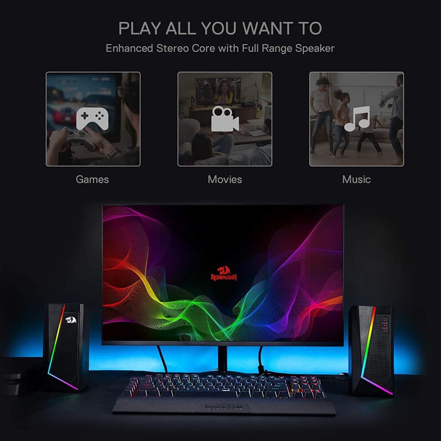 PC RGB Speakers Stereo Desktop USB 3.5mm Gaming Audio Bass