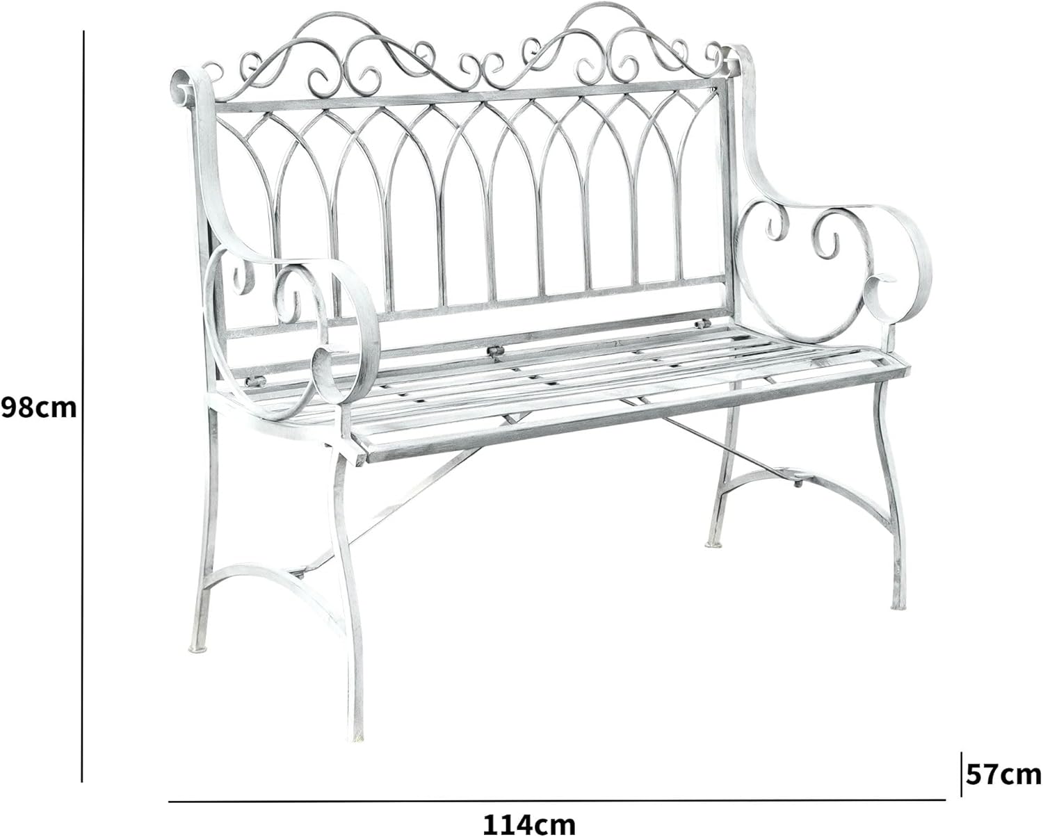 Ornate Metal Garden Bench Distressed White Patio Seat