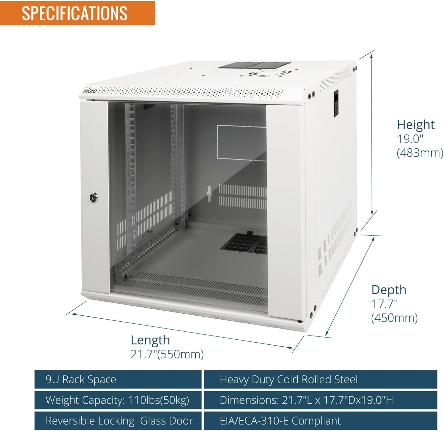 9U Wall Mount Server Cabinet 450mm Glass Door White