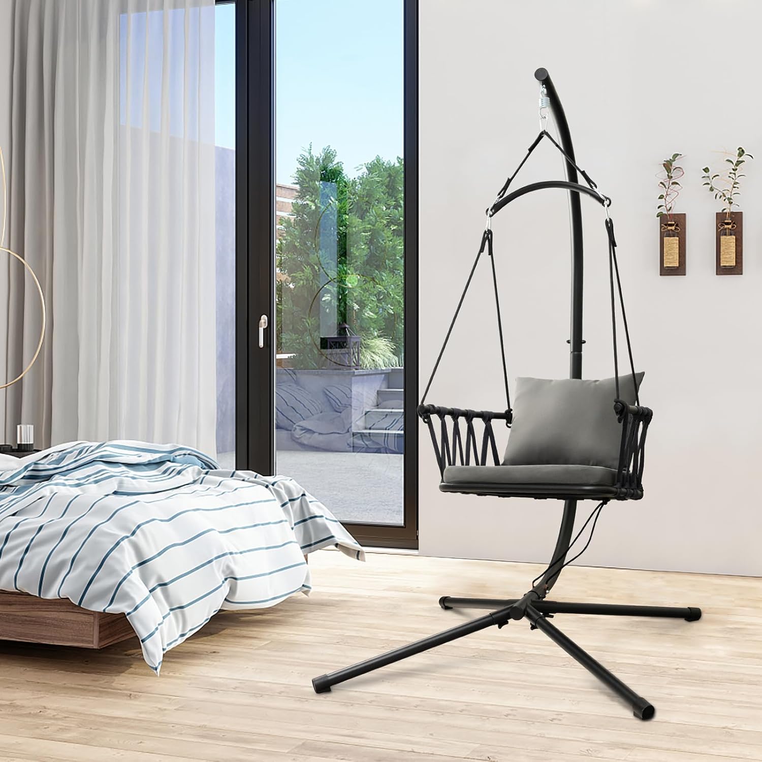Hammock Swing Chair with Stand Cushion Indoor Outdoor Gray