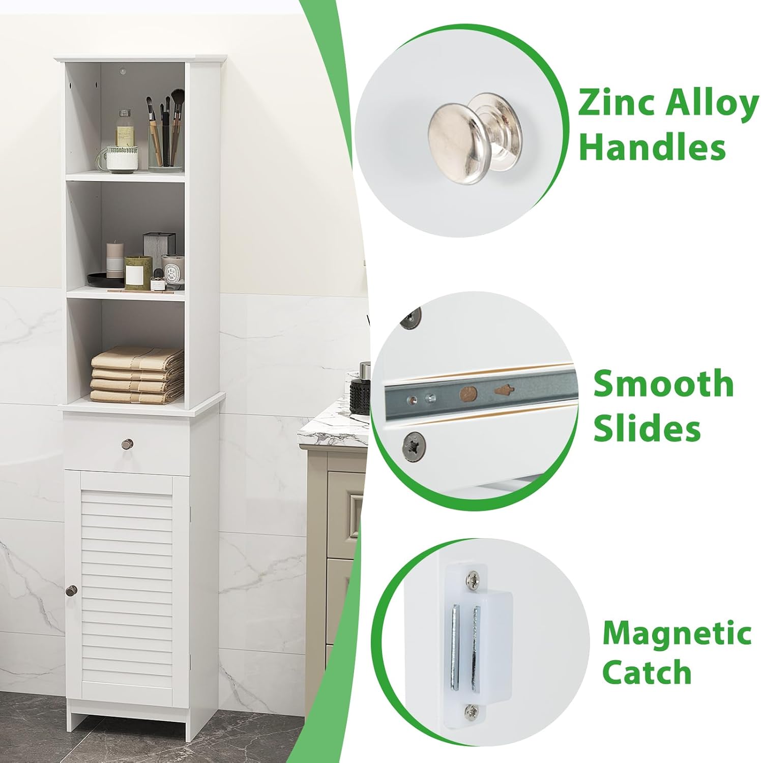 Slim Bathroom Tall Cabinet Drawer Shelf Cupboard White