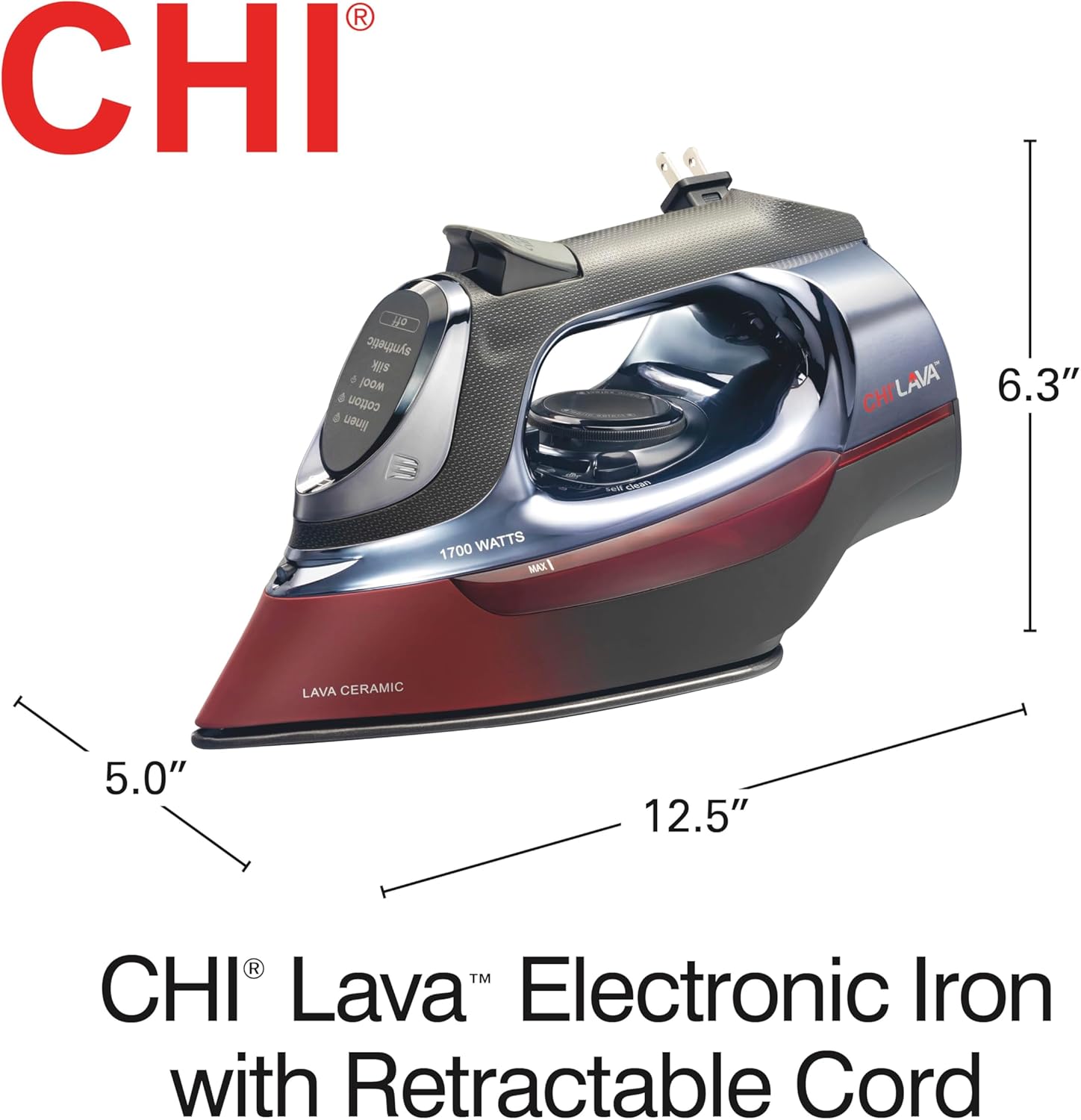 1700W Steam Iron with Ceramic Soleplate Retractable Cord