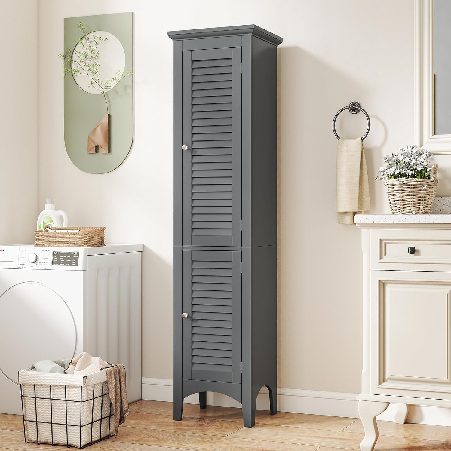 Grey Tall Bathroom Cabinet 5 Tier Double Door Storage
