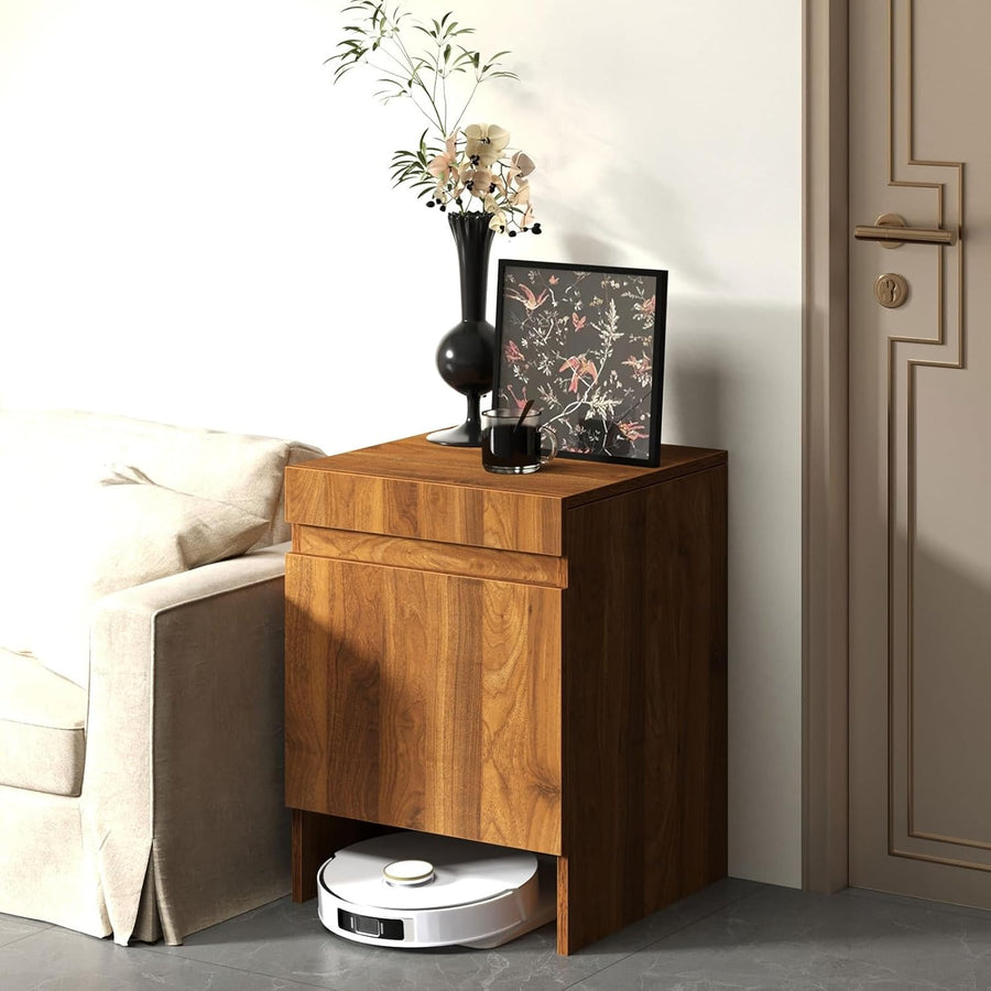 Robot Vacuum Storage Cabinet Walnut Side Table Pull Out Shelf