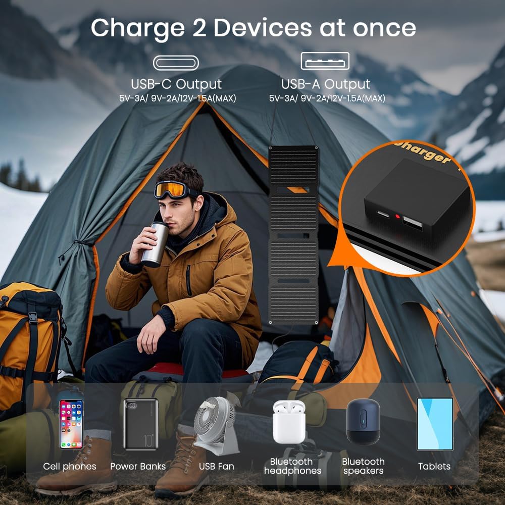 30W Foldable Solar Charger USB C USB A Camping Travel
