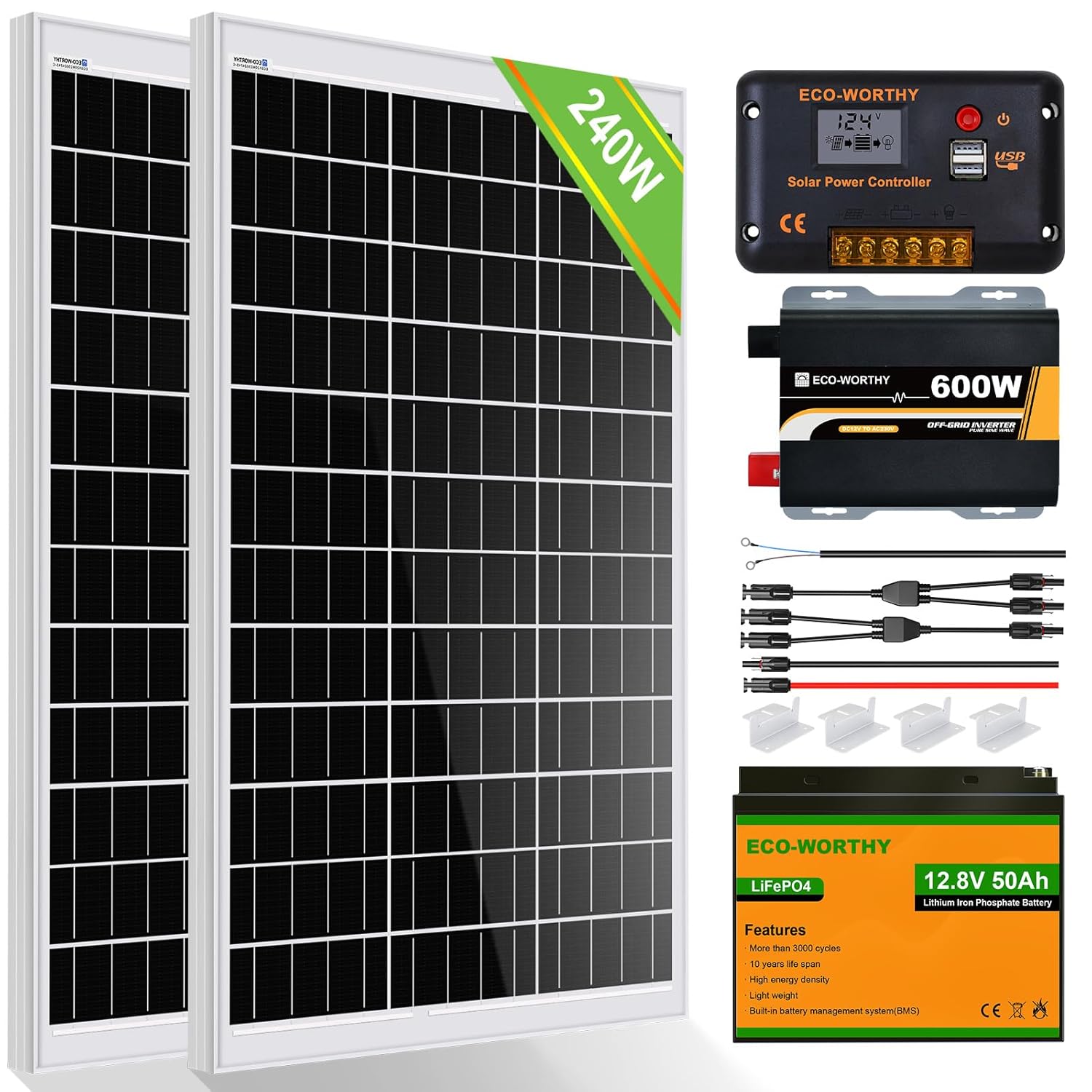 240W Off Grid Solar Kit 12V Battery Inverter RV Boat Shed