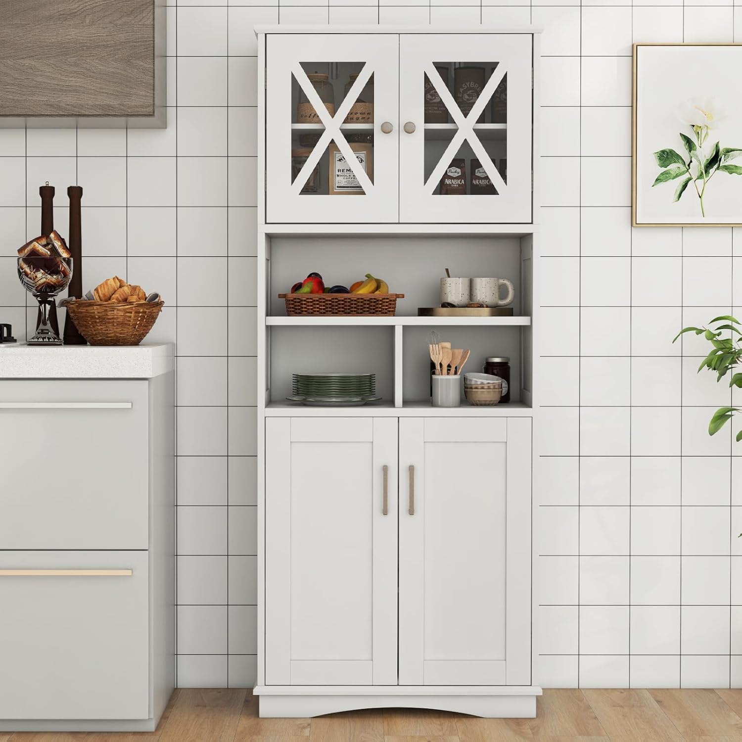 Tall Bathroom Storage Cabinet 4 Door Shelf Unit White