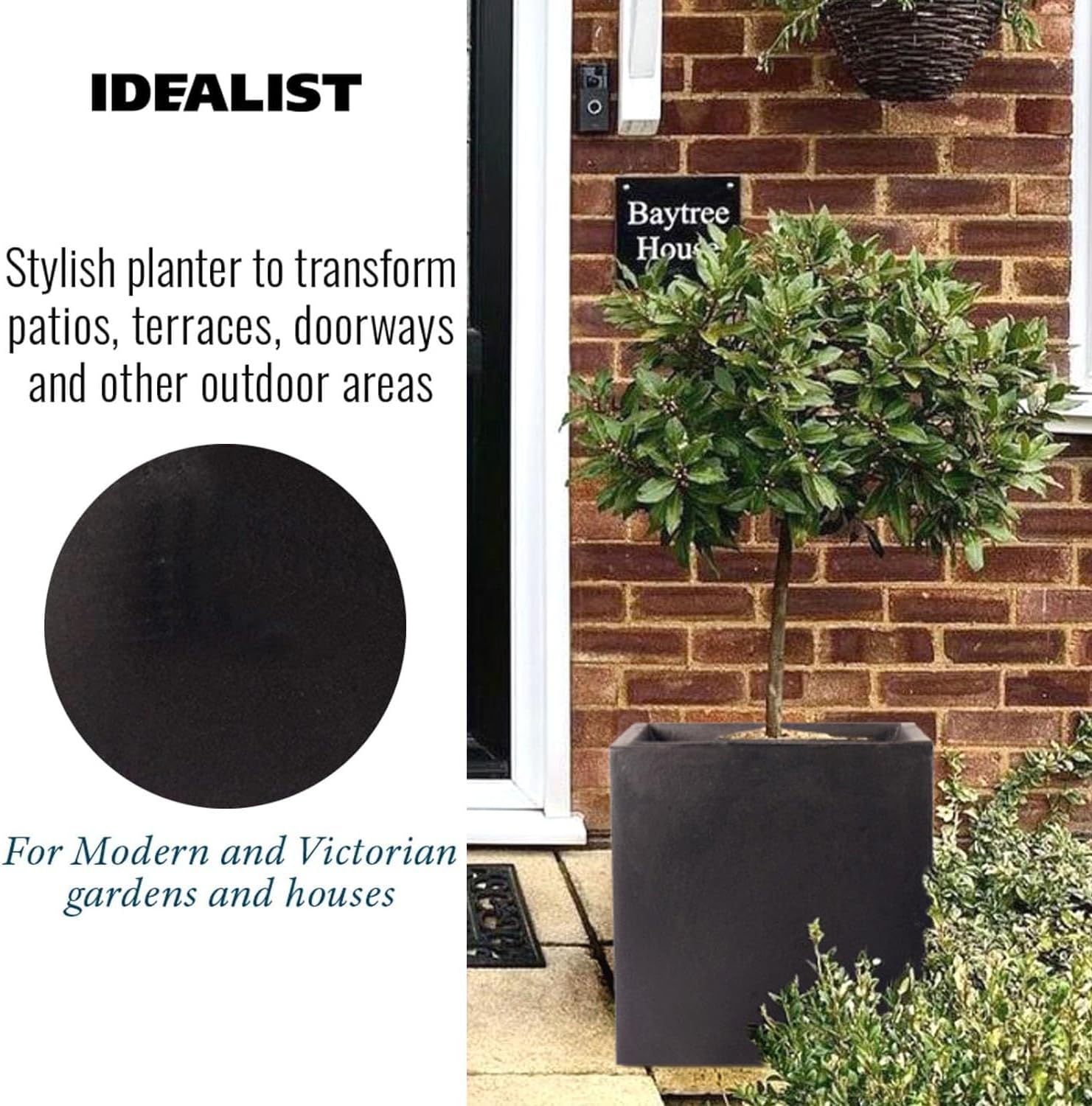 Set of 2 Large Square Planters 50cm Black Stone Effect Pots