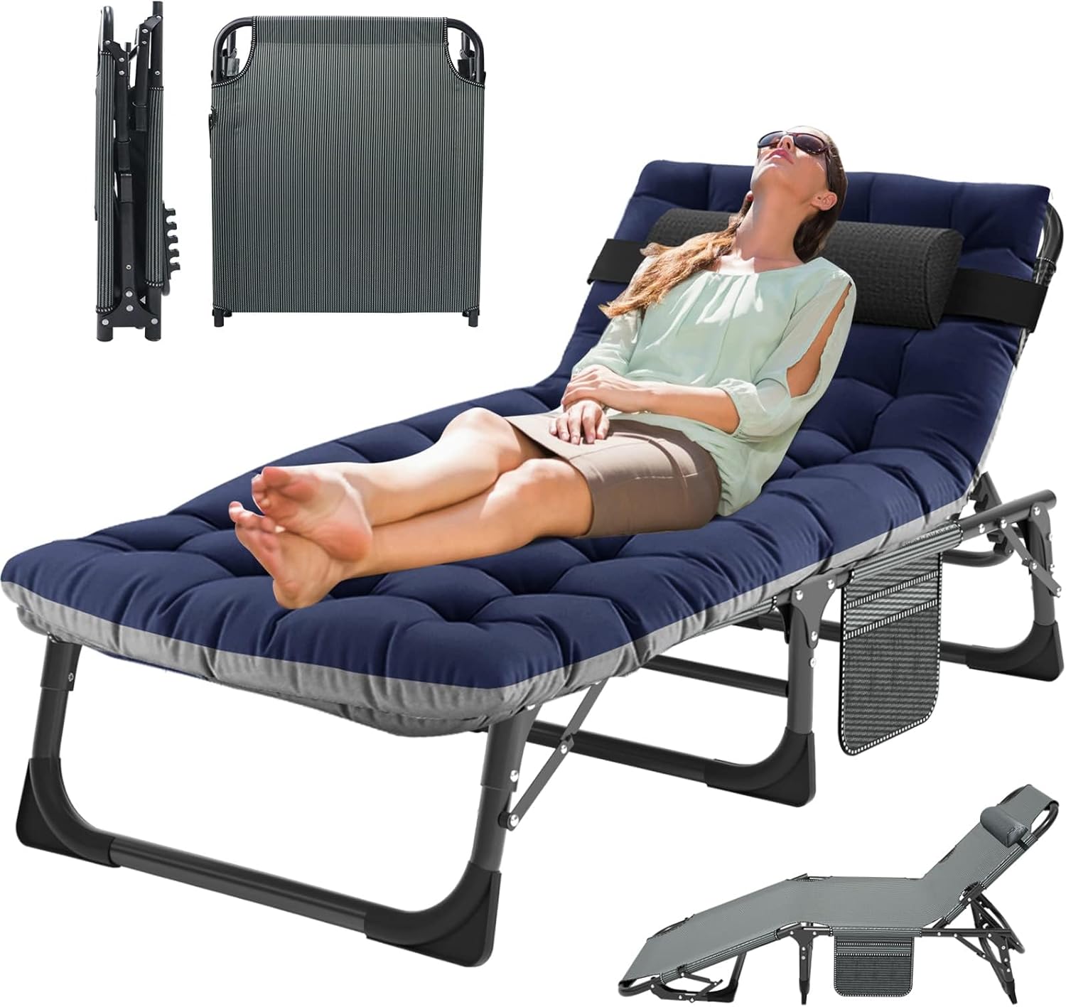 Heavy Duty Folding Sun Lounger Bed Blue Pad XL