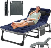 Heavy Duty Folding Sun Lounger Bed Blue Pad XL