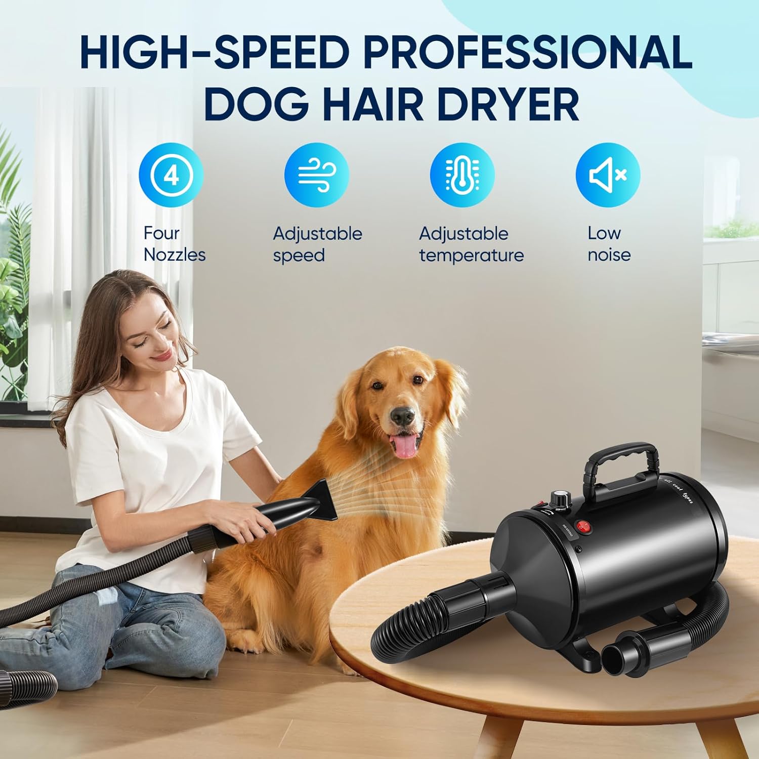 Professional Dog Hair Dryer 3200W Pet Blaster 4 Nozzles Quiet