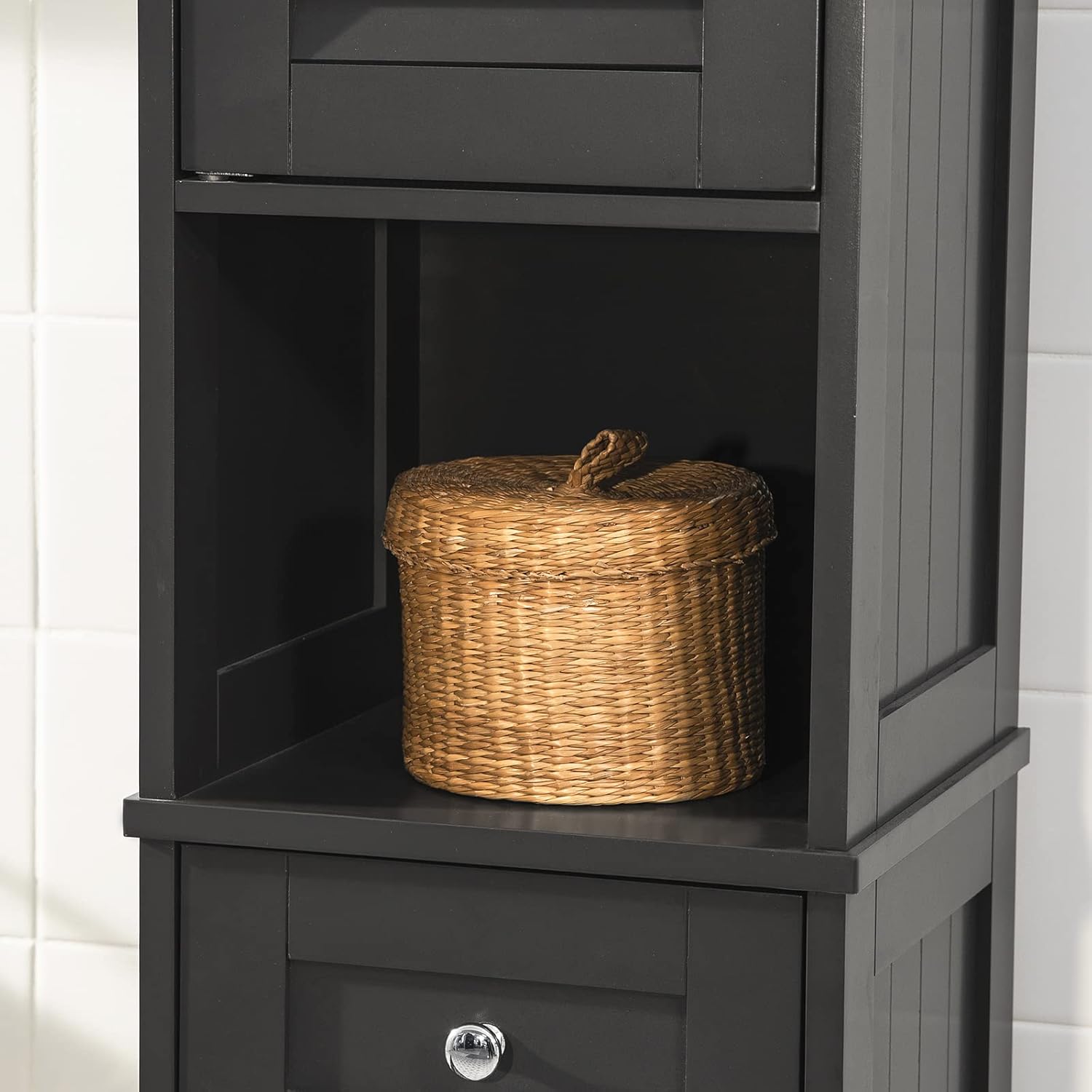 Slim Tall Bathroom Cabinet Dark Grey Louver Door Storage
