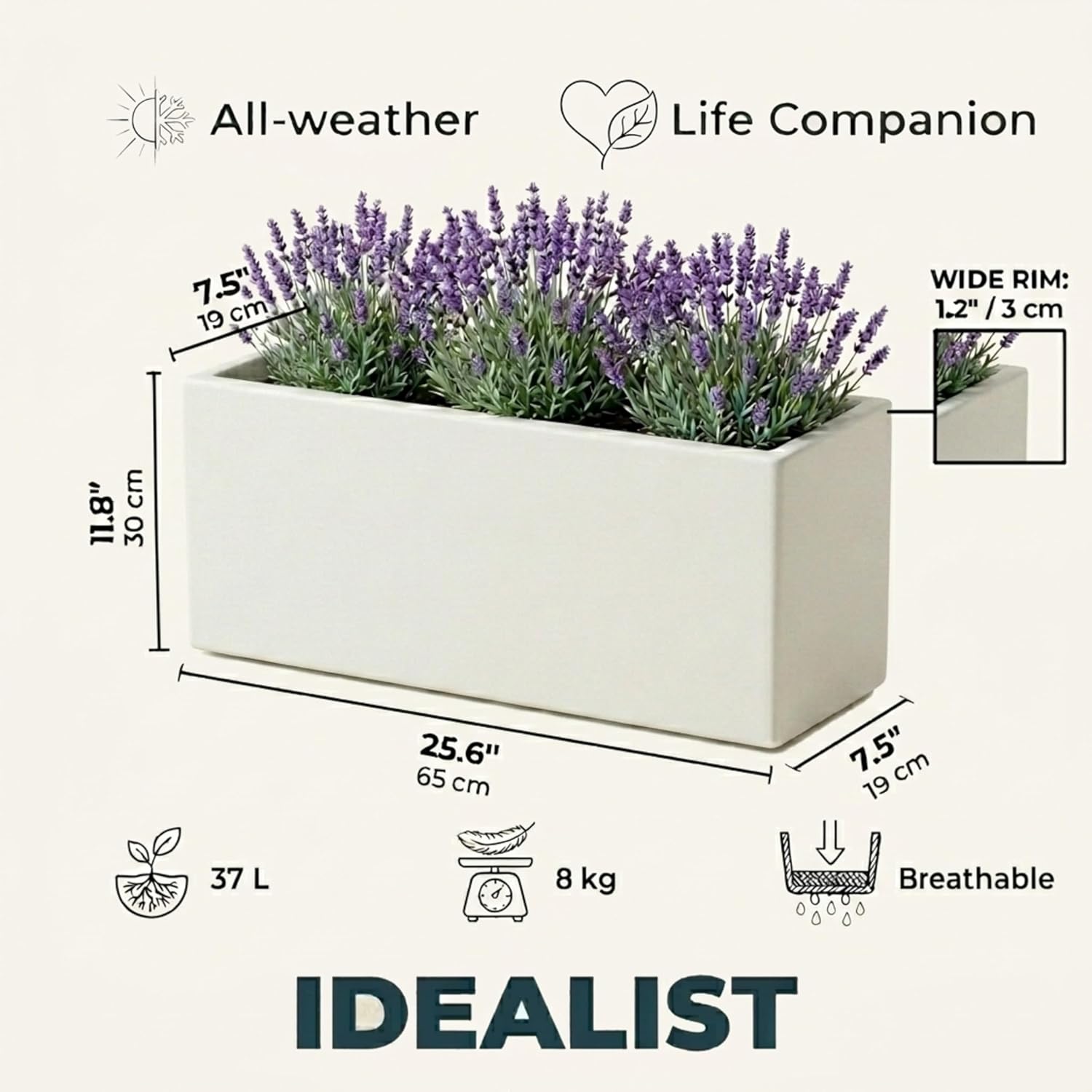 65cm White Trough Planter Stone Effect Garden Pot Rectangular