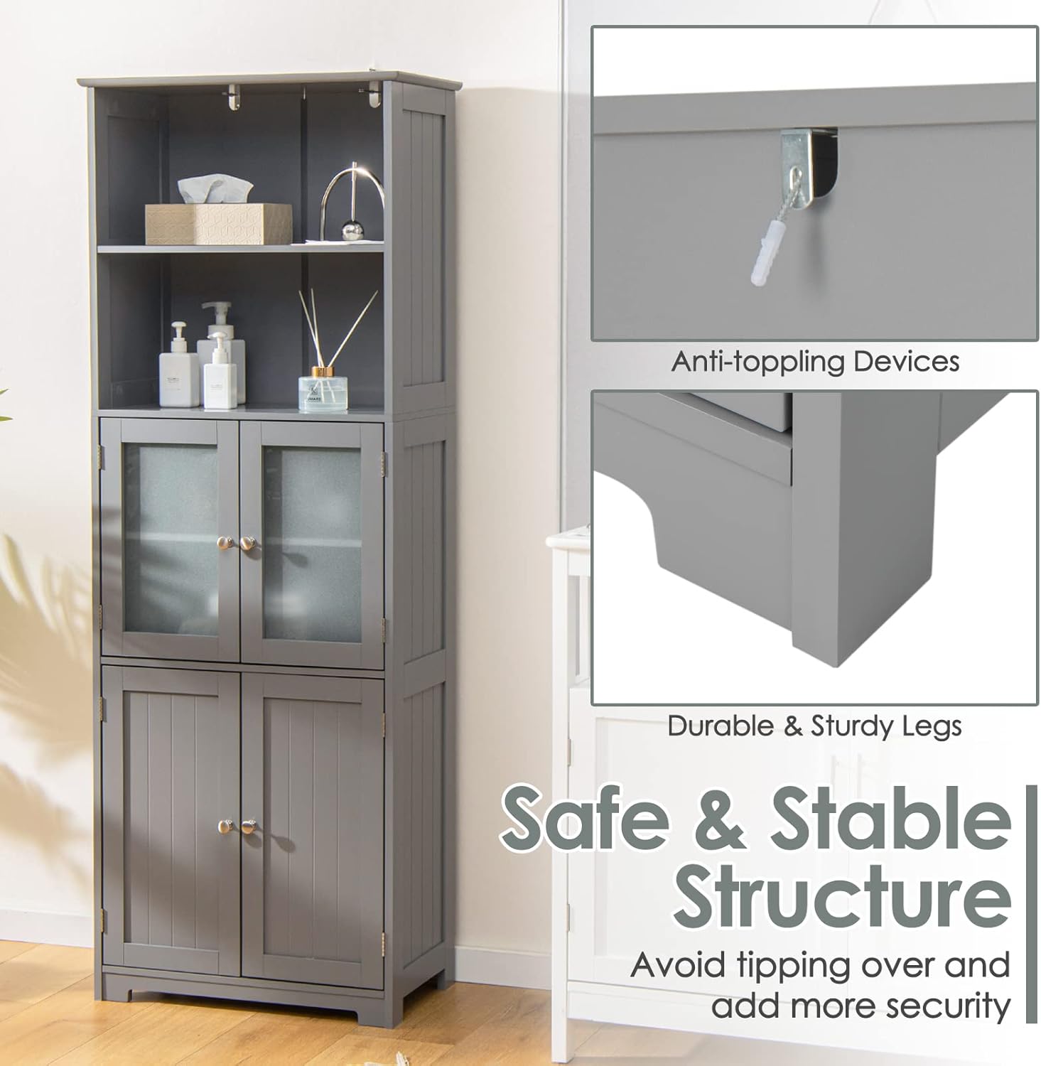 Tall Storage Cabinet Glass Door Shelf Unit Grey