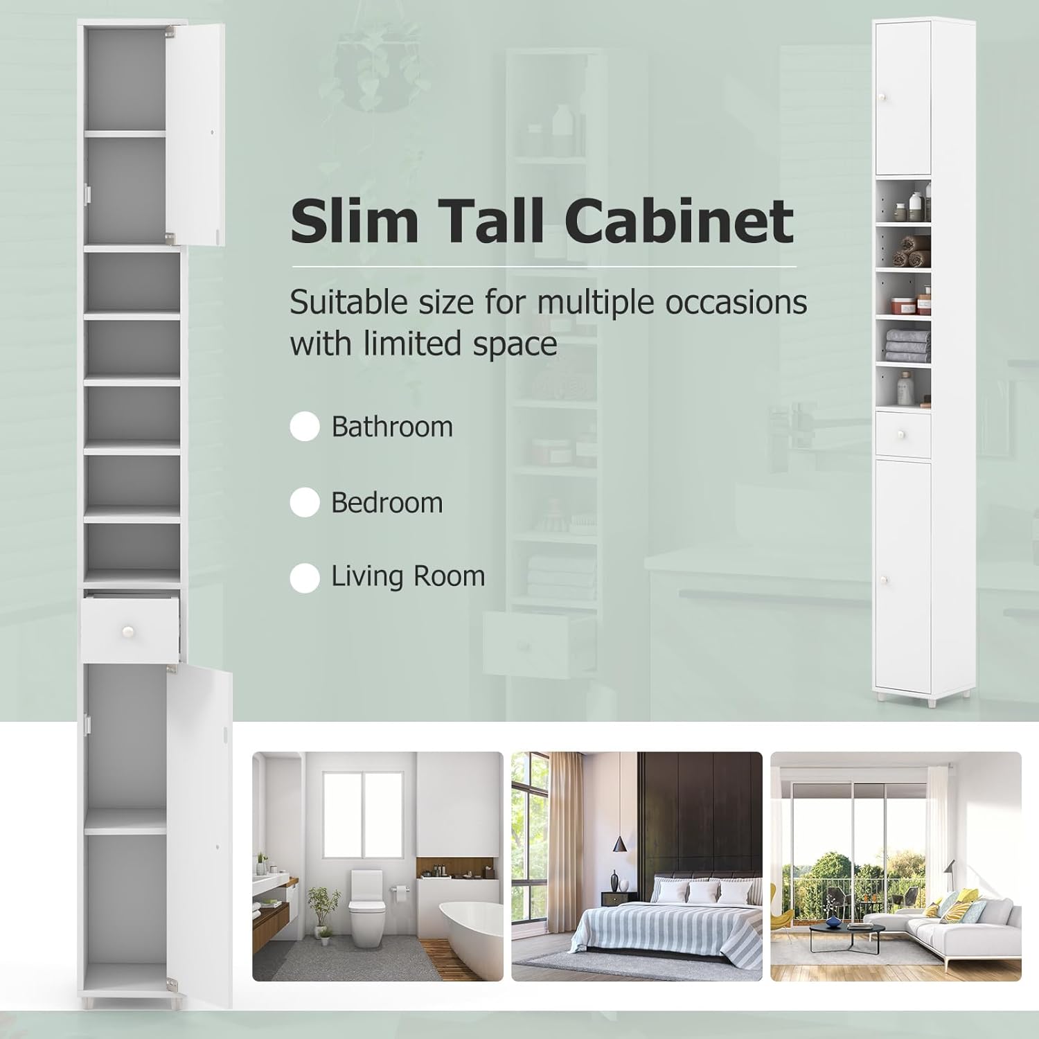 Tall Slim Bathroom Storage Cabinet Drawer Adjustable Shelves White