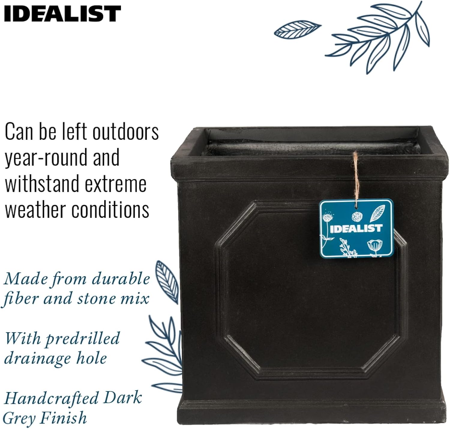 37cm Square Planter Faux Lead Dark Grey Garden Pot Drainage
