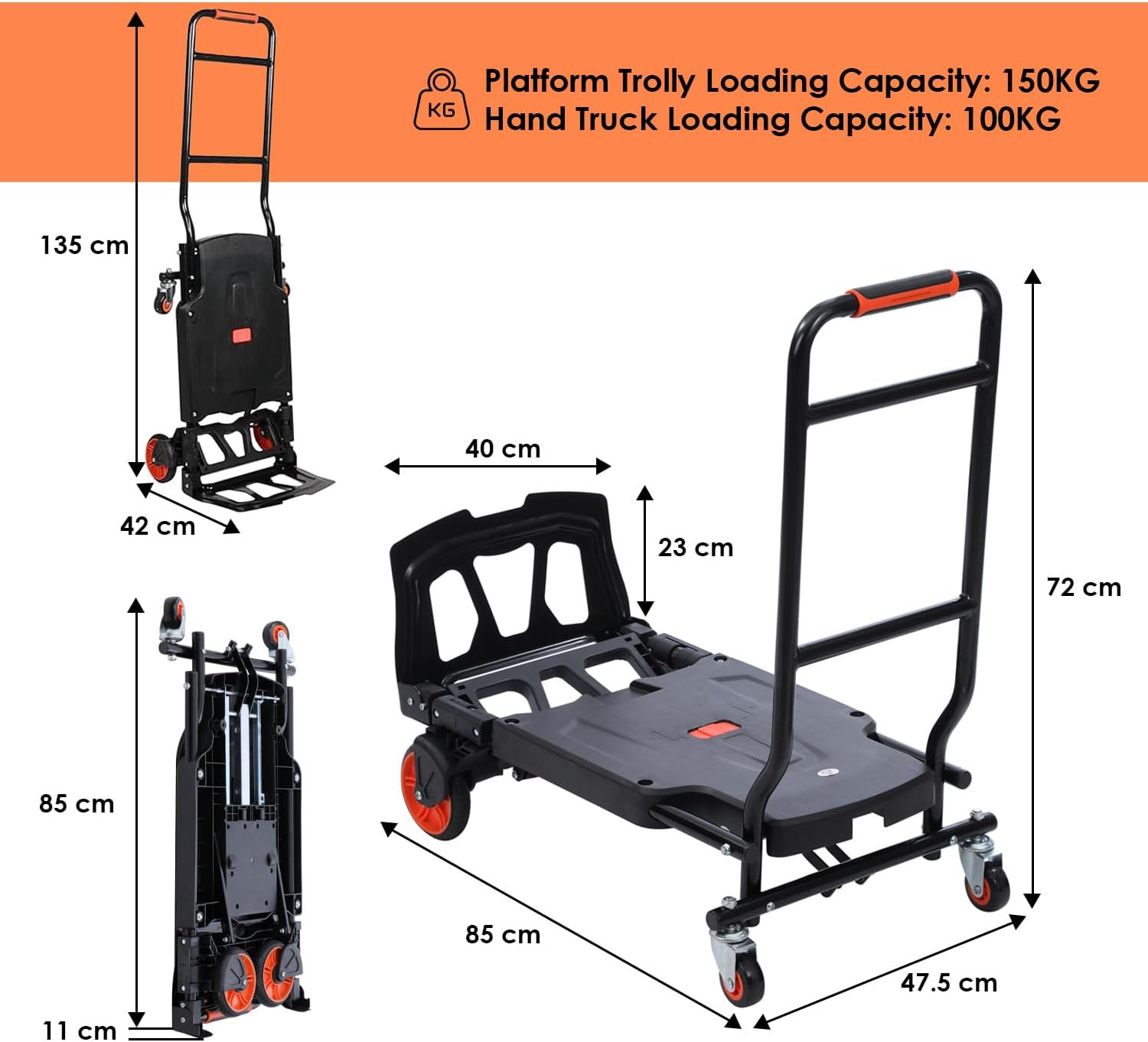 2 in 1 Folding Hand Truck Trolley 150KG Platform Dolly