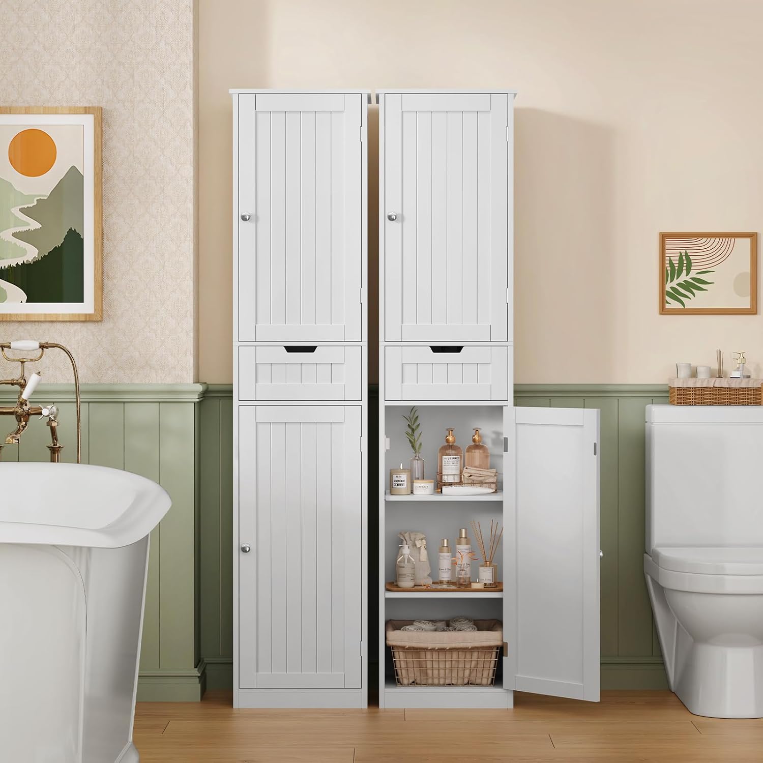 Tall Bathroom Storage Cabinet 40cm Wide Drawer Shelves White