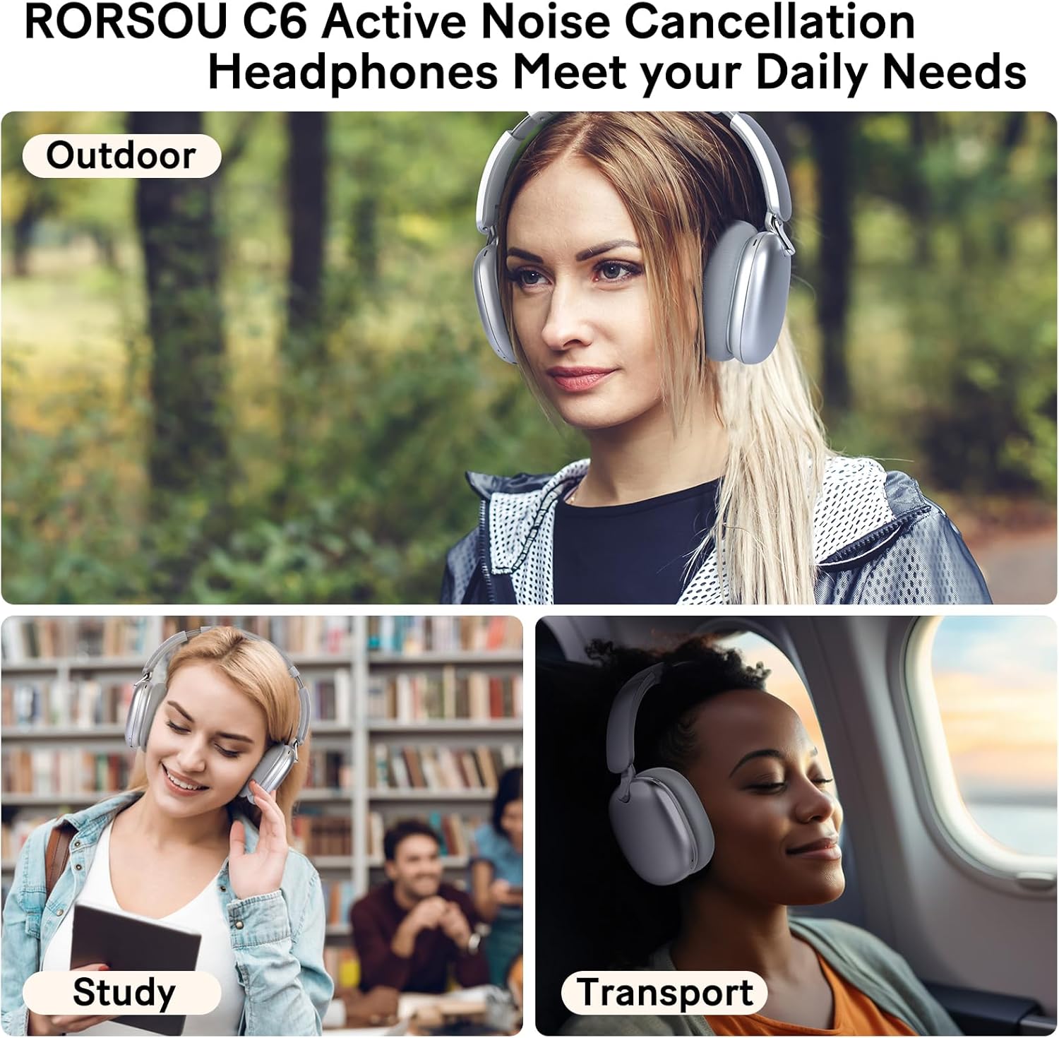 Wireless ANC Over Ear Headphones 60H Playtime Deep Bass Foldable