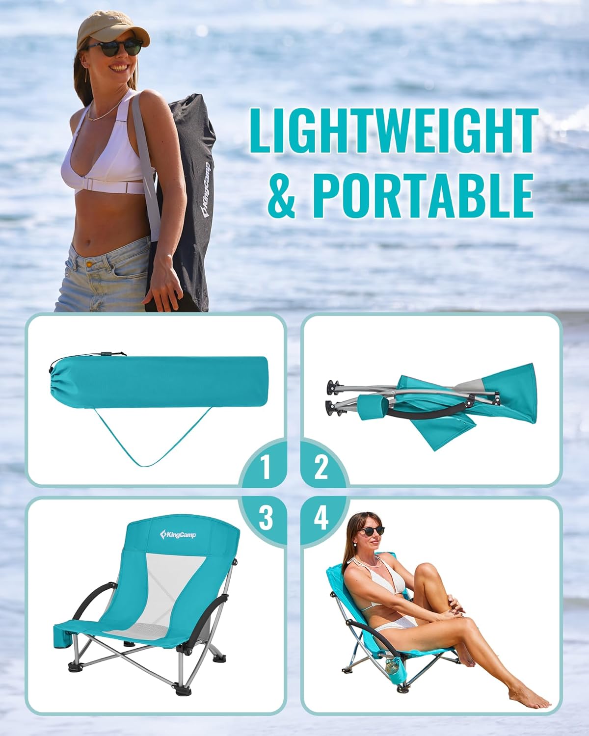 Cyan Low Folding Beach Chair Heavy Duty Portable Seat
