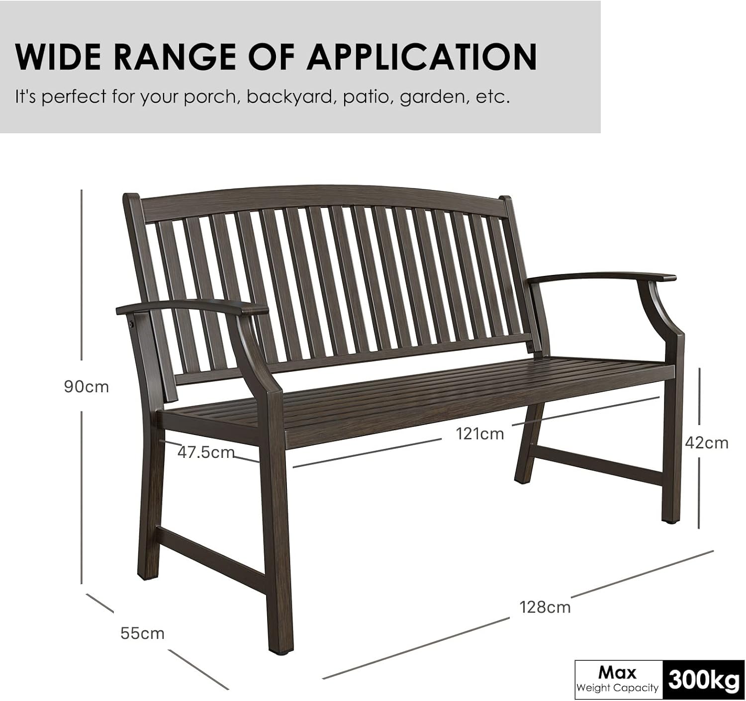 Metal Garden Bench 2-3 Seater Outdoor Patio Park Seat Brown