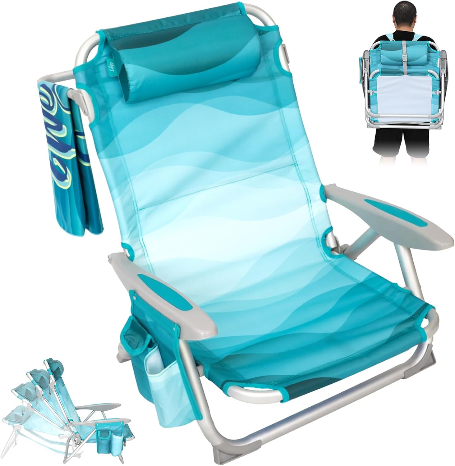 Cyan Pattern Adjustable Beach Chair Folding Reclining Seat