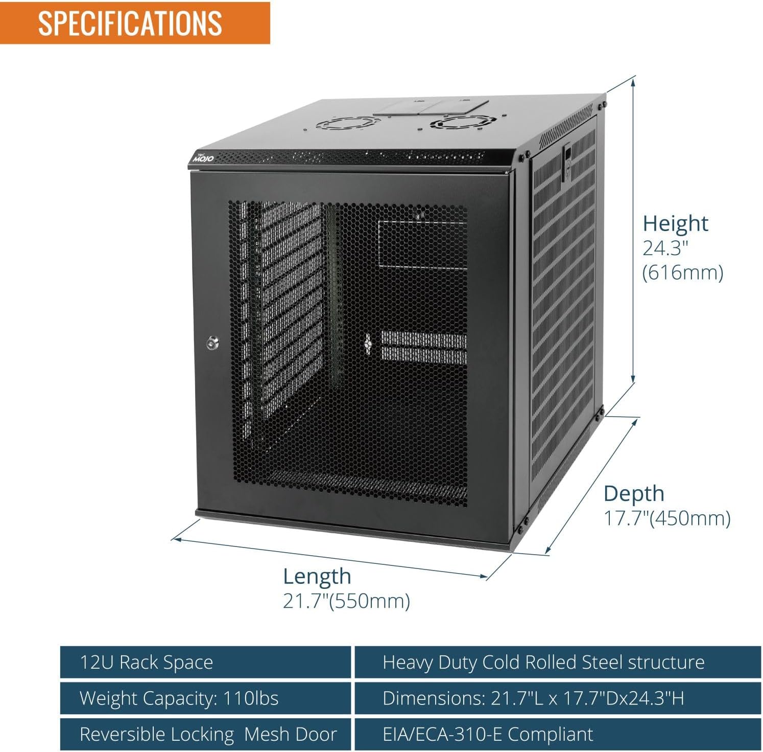 12U Wall Mount Server Cabinet 450mm Mesh Door Black