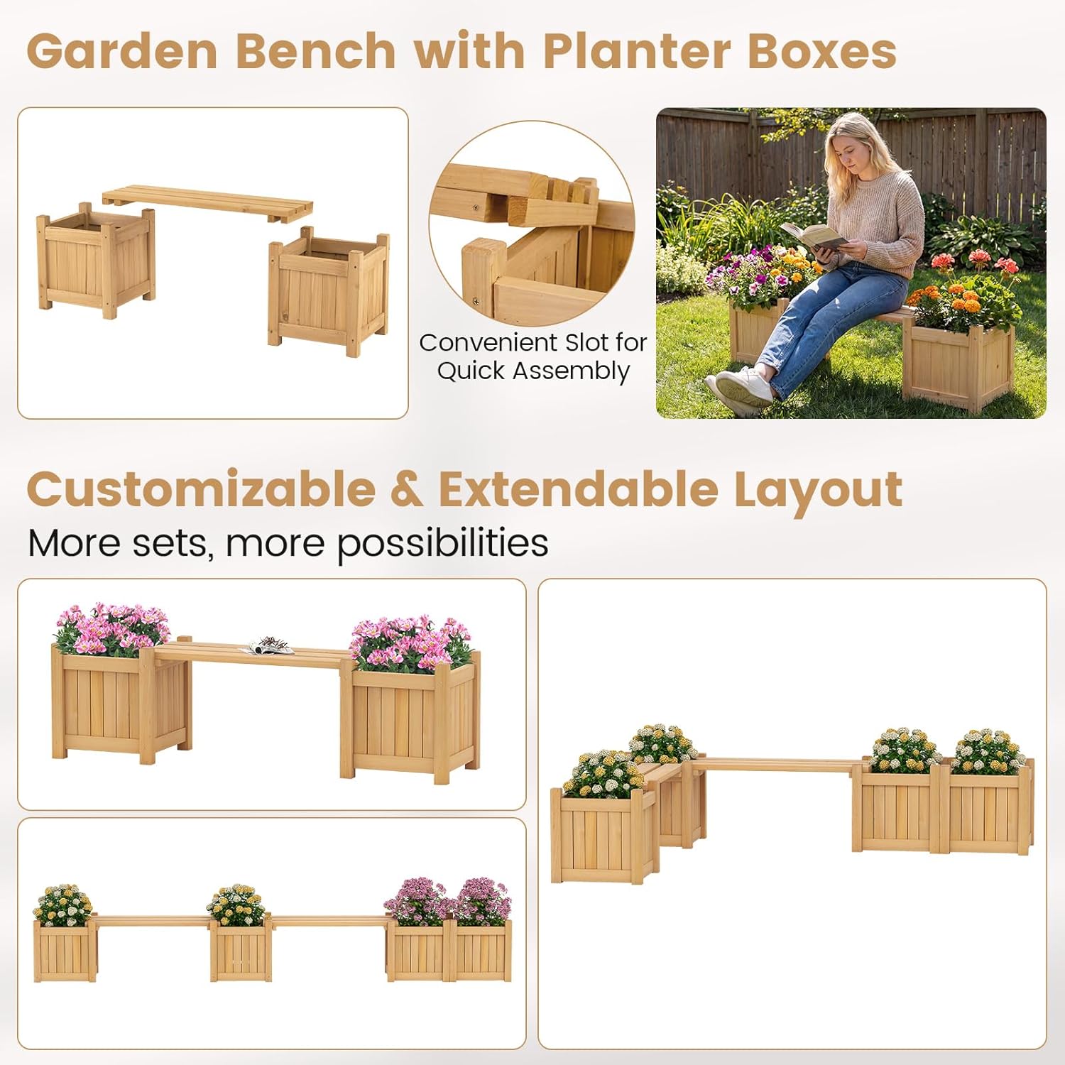 Wooden Planter Box with Bench Garden Seat Raised Bed 105cm