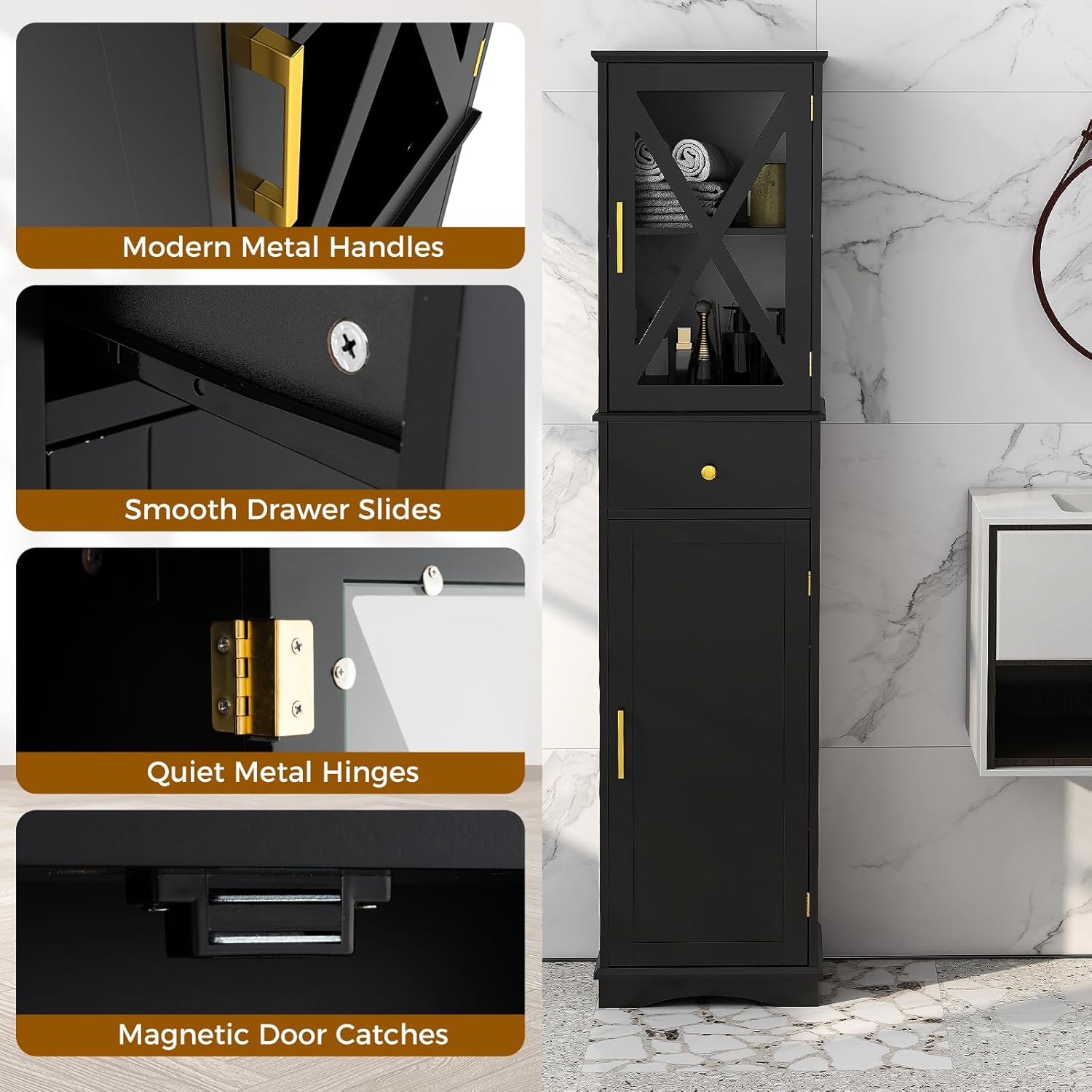 Tall Slim Storage Cabinet Black Glass Door Drawer Unit