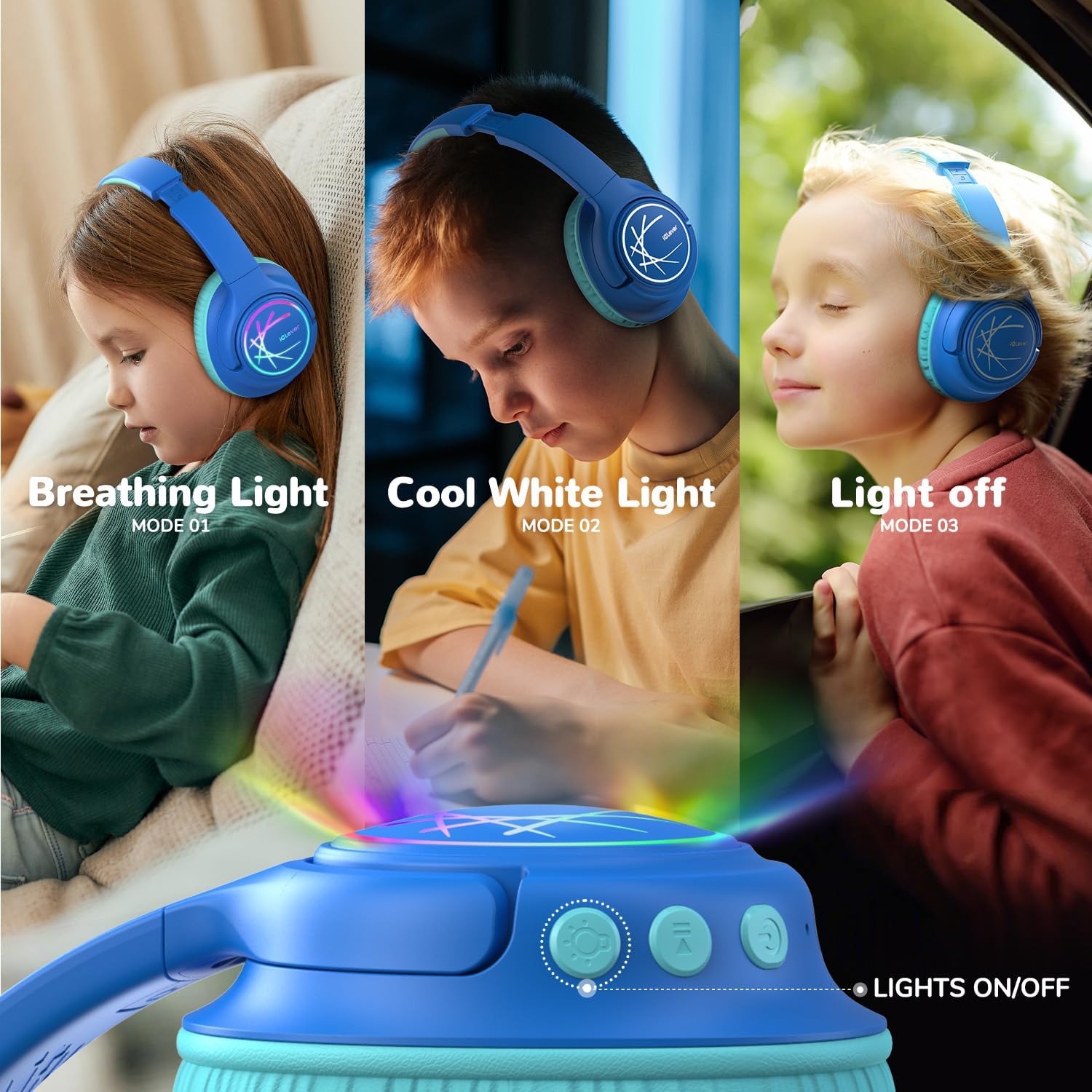 Kids Bluetooth Headphones LED Lights 43H Playtime Volume Limit