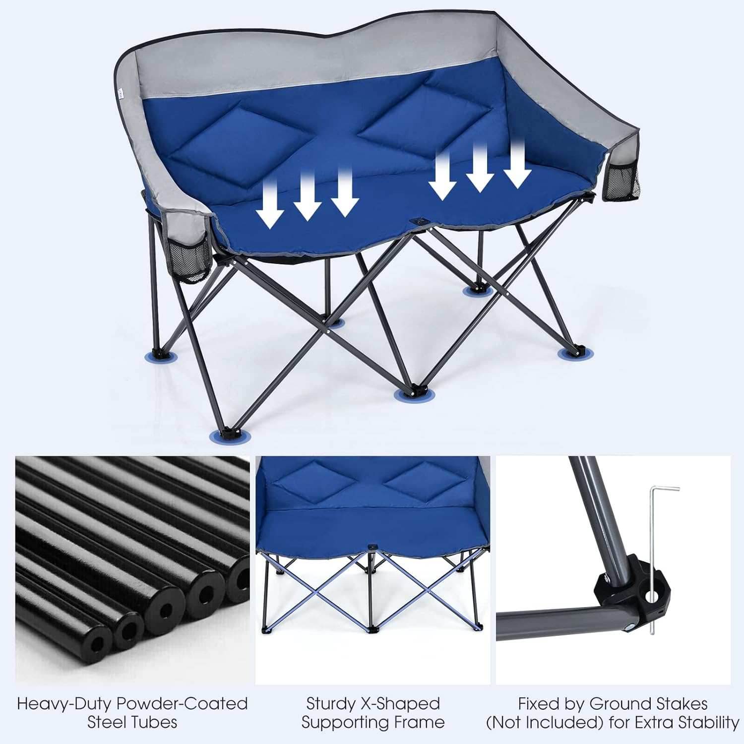 Double Camping Loveseat Chair with 2 Storage Pockets Blue